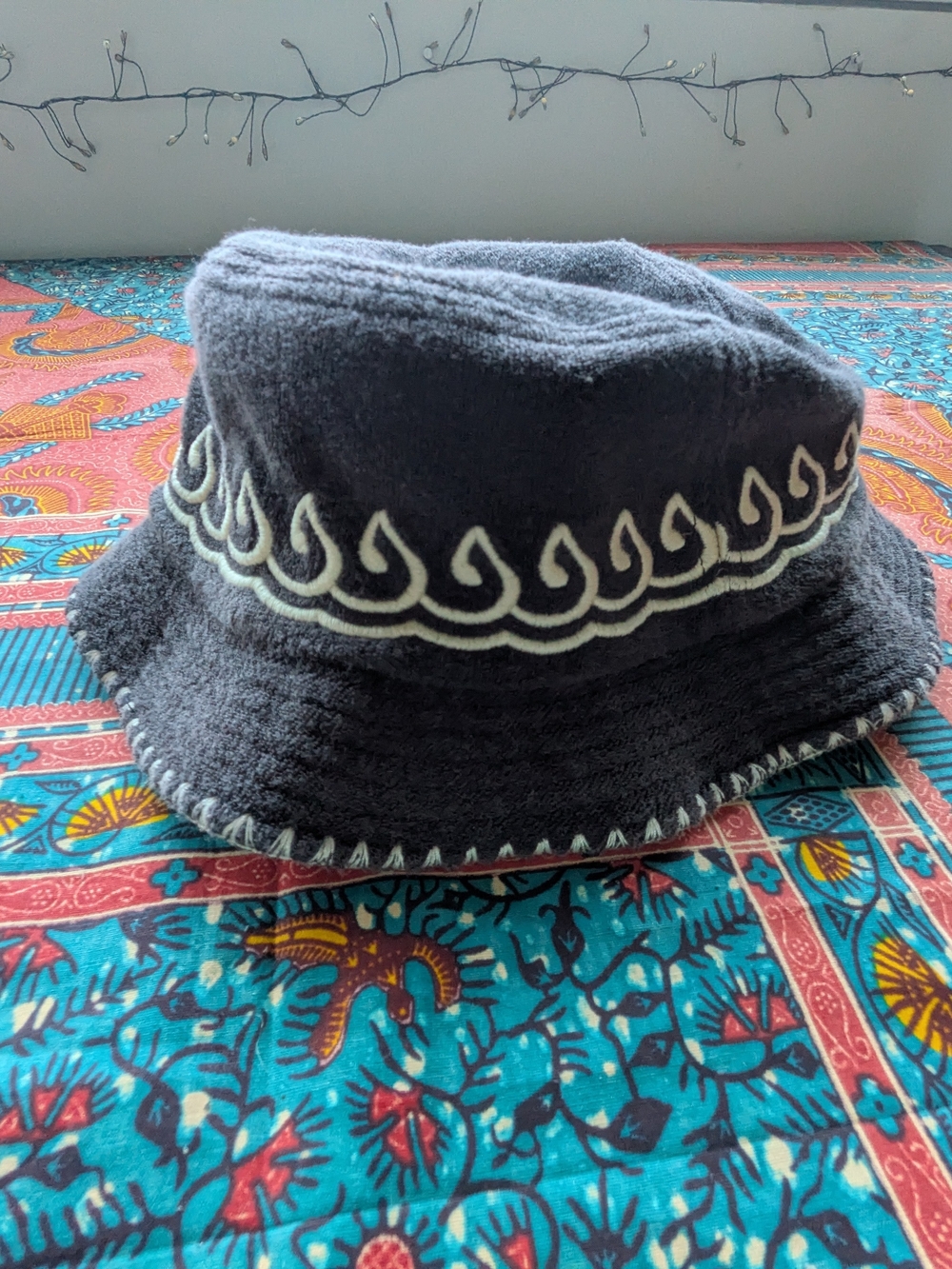 Navy Bucket Hat with White Designs And Trim - Tombolo's Tropical Millinery